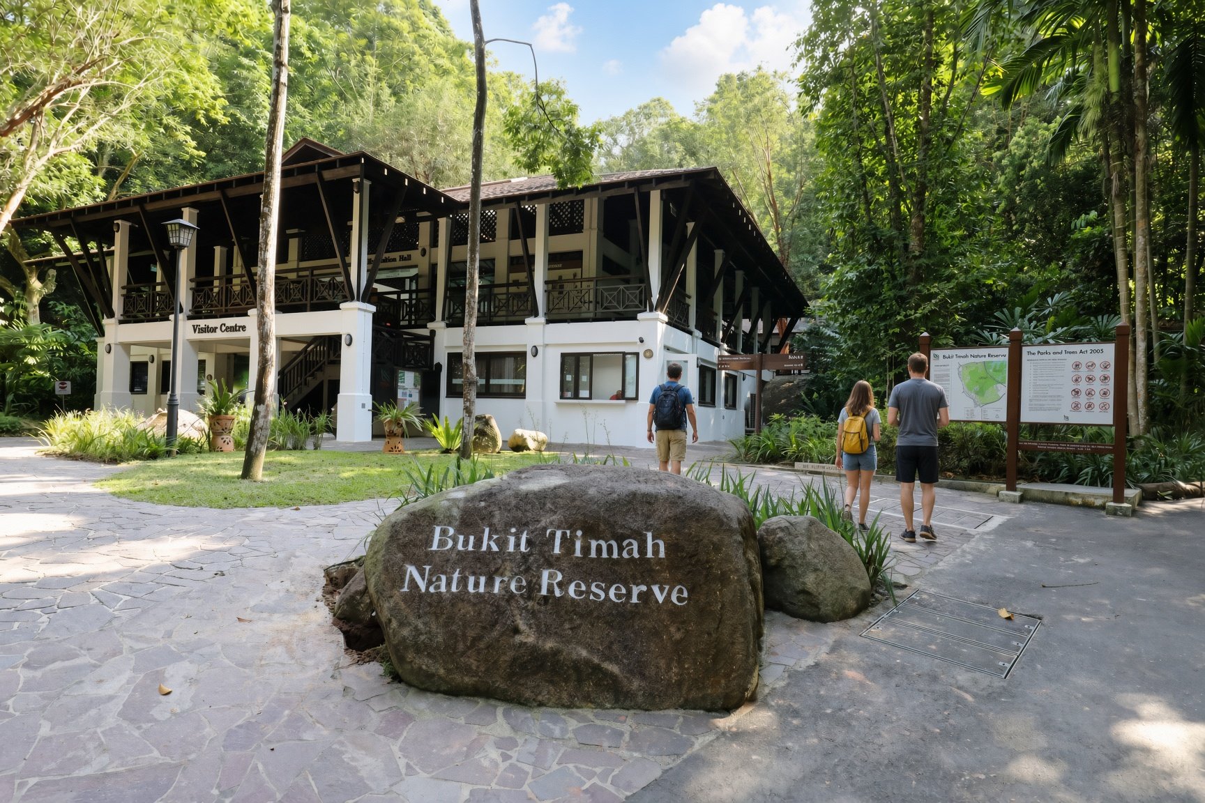 Entrance to Bukit Timah Nature Reserve and Visitor Centre surrounded by lush greenery in Singapore.