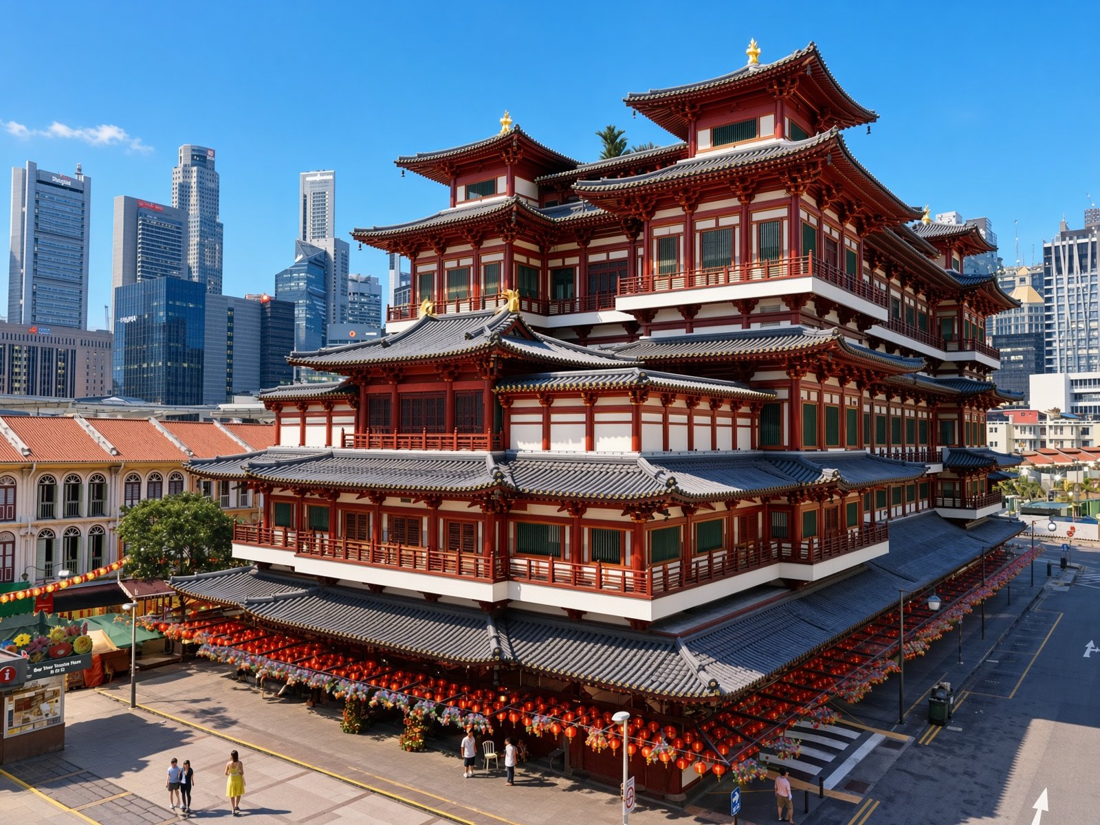Buddha Tooth Relic Temple in Chinatown, Singapore, with the city skyline in the background.