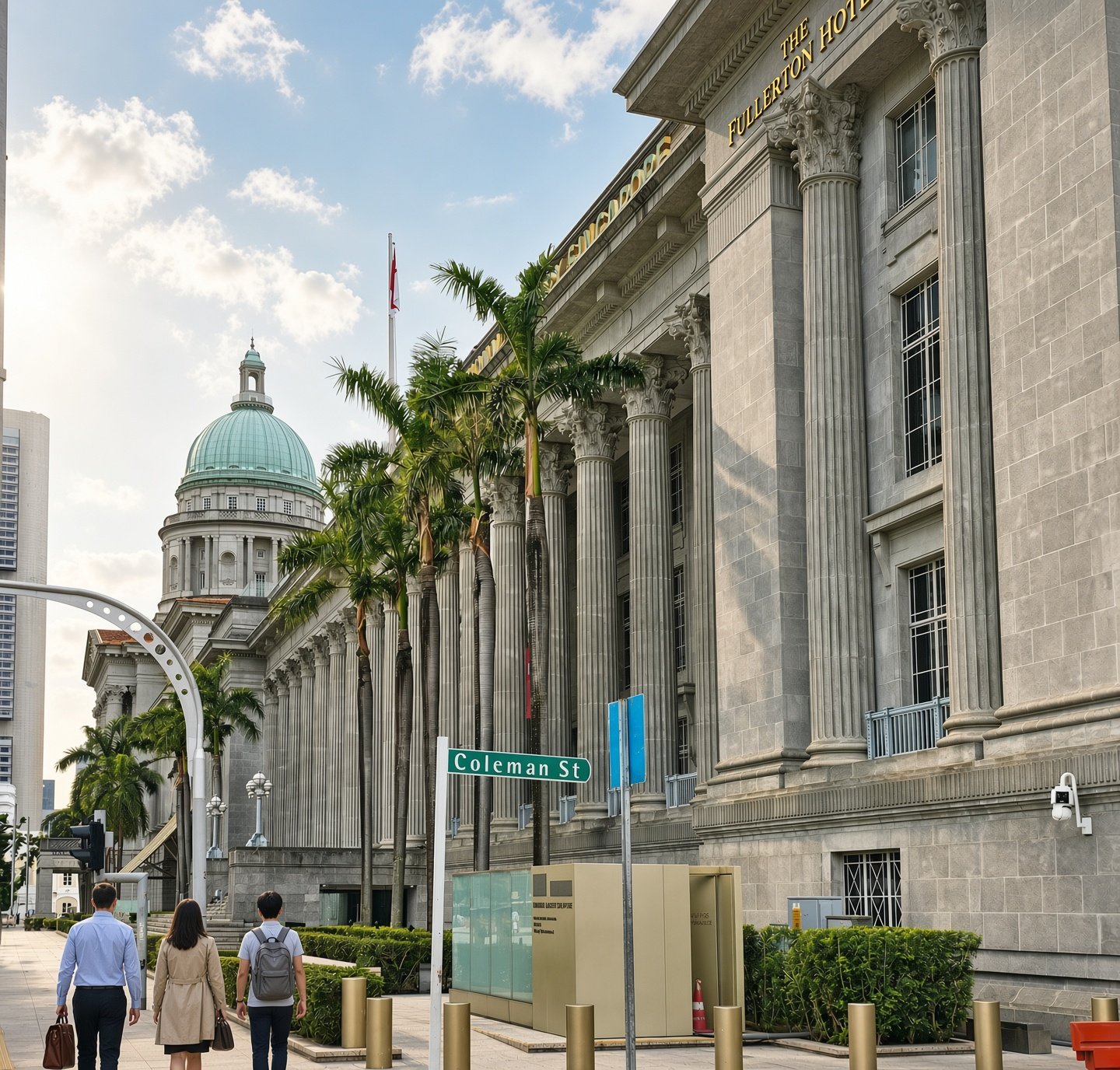The Fullerton Hotel and historic architecture near Coleman Street in Singapore’s City Hall area.