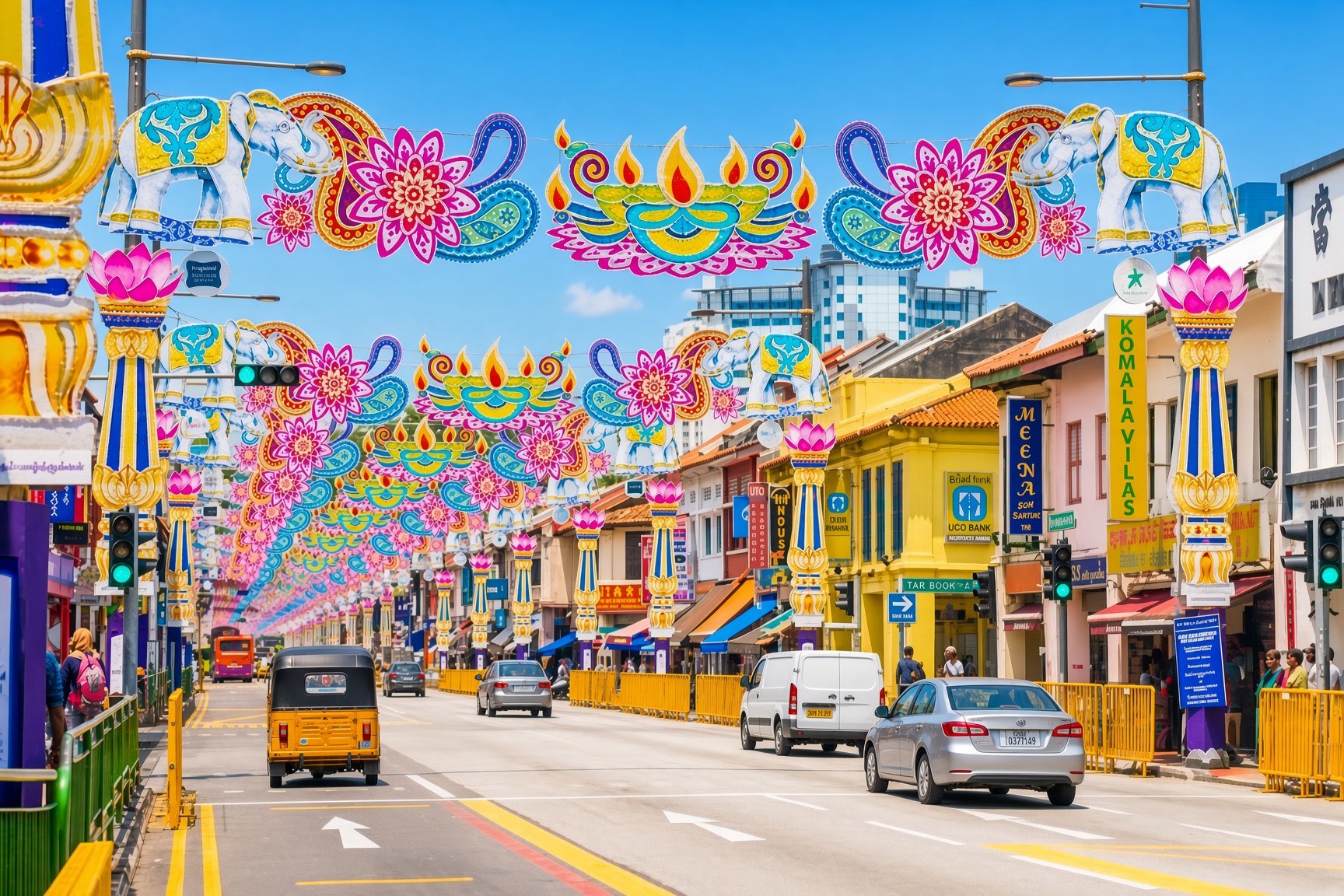 Colourful street decorations along Serangoon Road in Singapore’s Little India district.