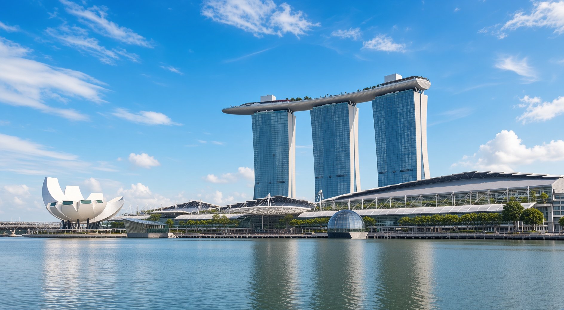Marina Bay Sands, ArtScience Museum and waterfront skyline at Marina Bay in Singapore.
