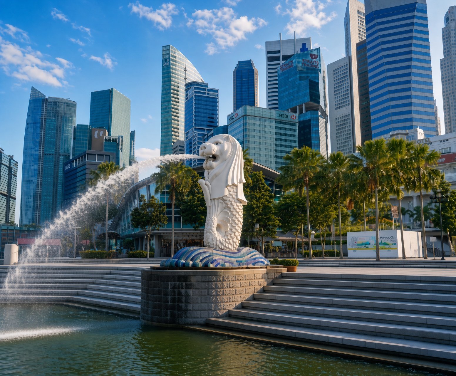 Merlion statue at Merlion Park with Singapore’s Downtown skyline in the background.