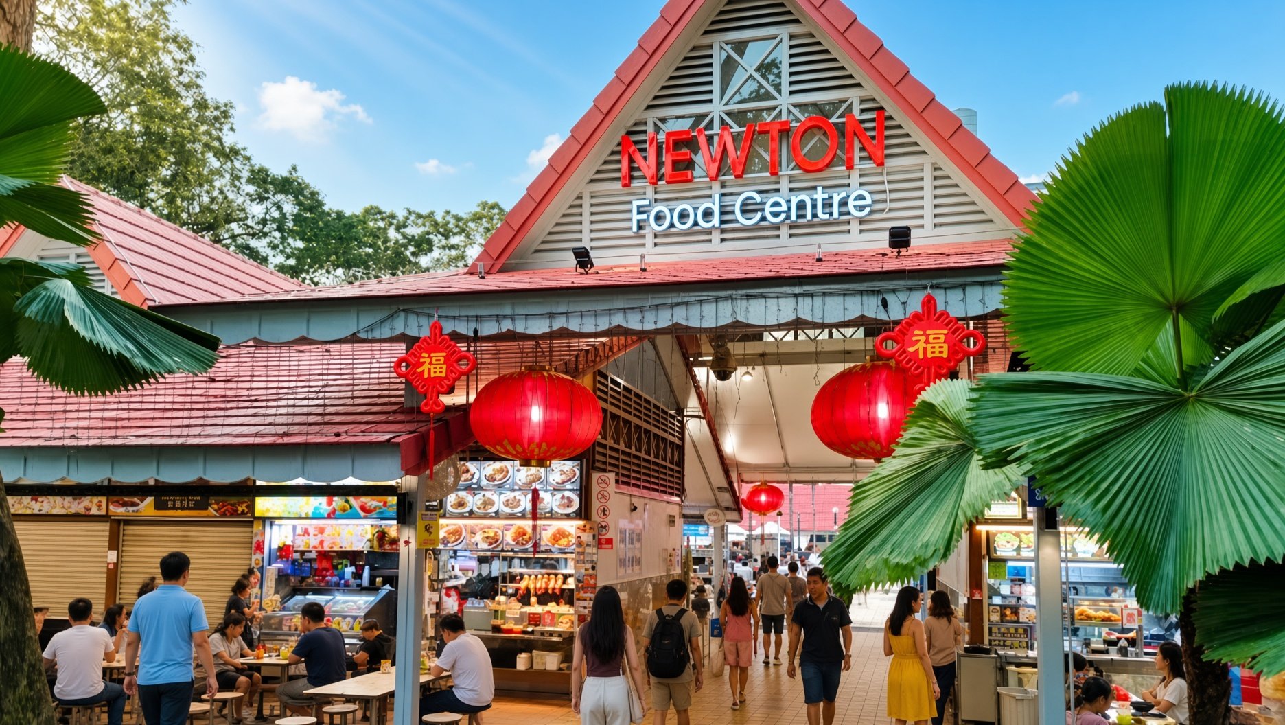 Newton Food Centre in Singapore with hawker stalls, diners and traditional red lantern decorations.