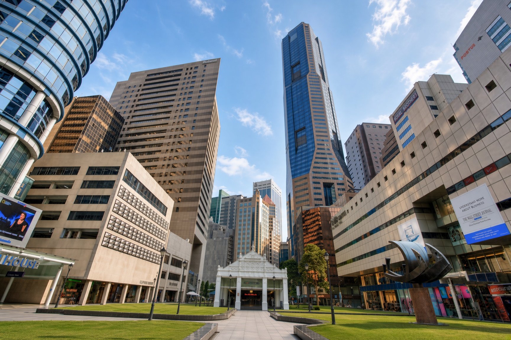 Raffles Place commercial buildings and office towers in Singapore CBD.