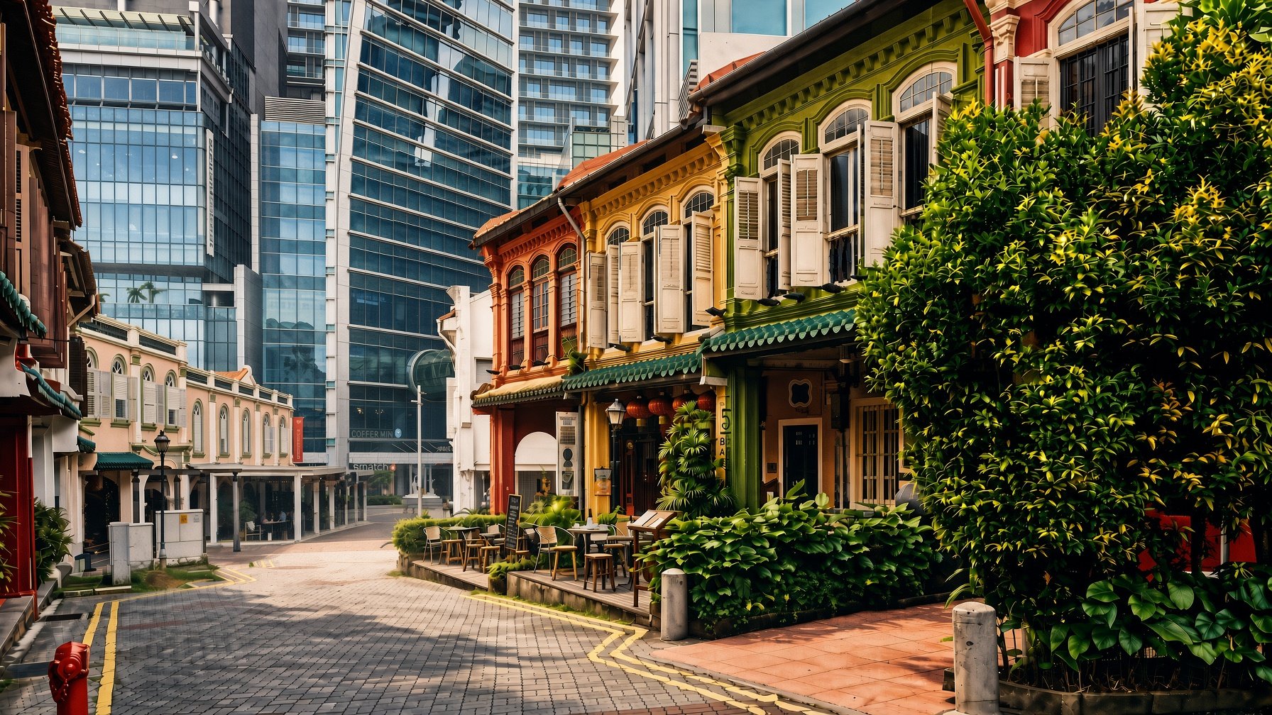 Colourful heritage shophouses surrounded by modern buildings in Tanjong Pagar, Singapore.