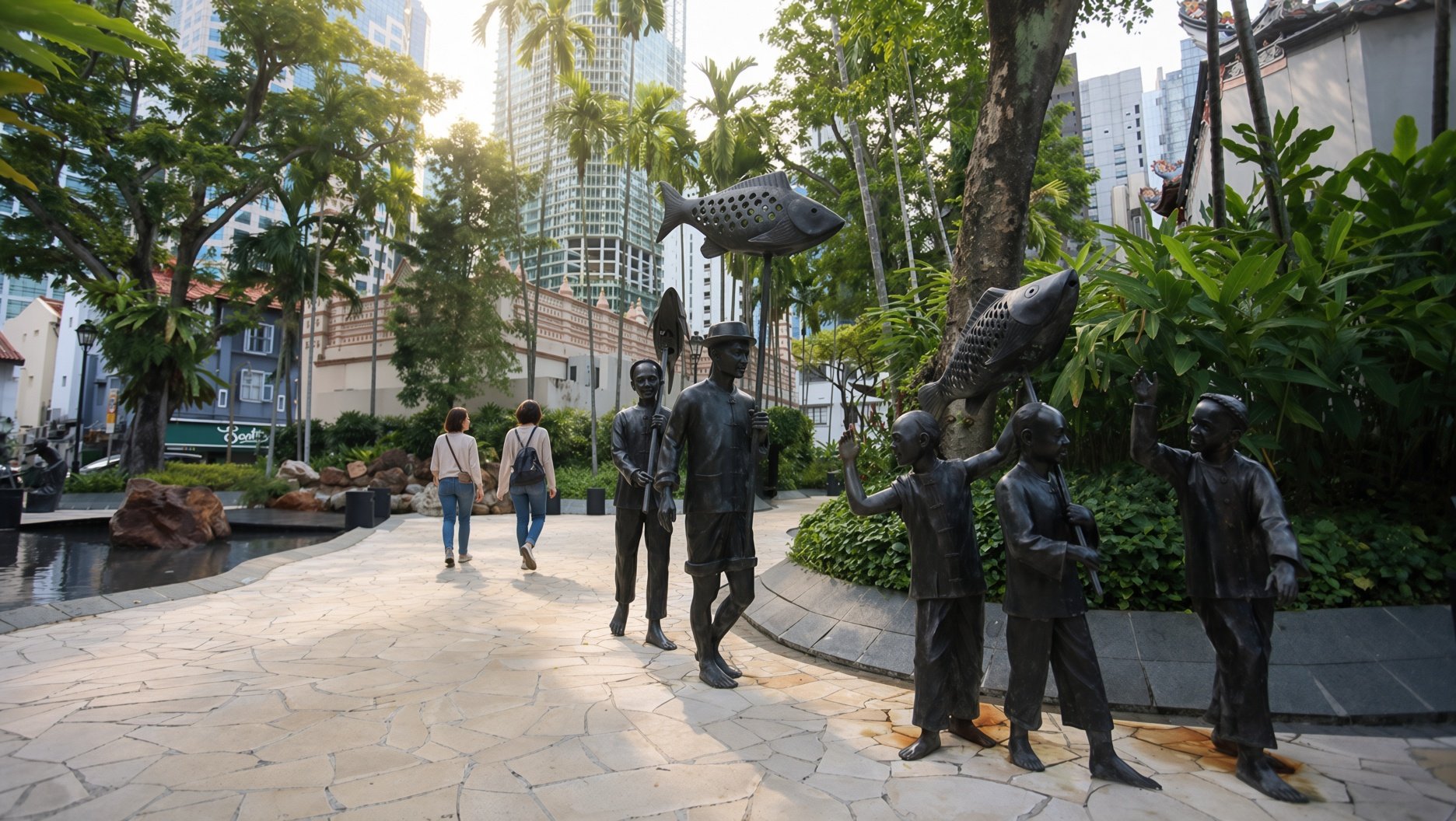 Heritage sculptures depicting early Singapore life in the Telok Ayer area.